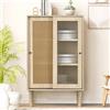 PD1 Credenza moderna in Legno con Ante Scorrevoli in Vetro e Rattan Sintetico a 6 ripiani Interni, color Quercia