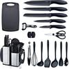 RAXCO Set di coltelli da cucina con blocco, 18 pezzi di utensili da cucina, set da 5 coltelli e 7 spatole in silicone, nero