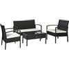 Outsunny Set da Giardino 4 Pezzi in Rattan PE con Tavolino da Giardino 75x40x38 cm, 2 Poltroncine 57x60x77 cm e Divano 2 posti 108x60x77 cm, Nero e Crema