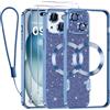 Kokio Glitter Magnetica Cover per iPhone 15 con Cordino, Compatibile con MagSafe, Brillantini Sottile Silicone TPU Antiurto Custodia per iPhone 15 con 2 Vetro Temperato Bumper, Blu