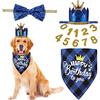 OTKARXUS Corona - Cappello di compleanno per cani, 4 pezzi, simpatico berretto di compleanno e bandana con papillon per cani e numeri dorati, riutilizzabile per animali domestici, cuccioli, gatti, cani di