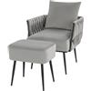 HOMASIS Poltrona Salotto con Poggiapiedi e Cuscino, Poltroncina Camera da Letto con Schienale e Braccioli Intrecciati, Sedia Poltrona da Lettura, Portata 150kg, 66 x 65 x 80 cm (Grigio)