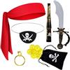 Orgoue 7PCS Capitano Pirata Costume Accessori, Pirata Costume Donne Uomini Bambini Accessori Pirata con Bandana Pirata Fascia, Eye Patch, Binocolo, Orecchino, Portafoglio e Monete d'oro per Halloween