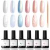 Modelones Smalti Semipermanenti Unghie, 6 Colori Bianco Blu Rosa Nudo Effetto Perla con Stick, Smalto Gel Unghie UV Gel French Manicure, 7ml