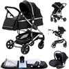 GLOKID Passeggino 3 in 1，Passeggino Canne，Trio，Con Seggiolino Accessori，Adattatori universali，Passeggino per bambini fino a 25 kg，4 ruote con ammortizzatori，navicella，grandi ruote (739 Nero)