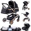 GLOKID Passeggino 3 in 1，Passeggino Canne，Trio，Con Seggiolino Accessori，Adattatori universali，Passeggino per bambini fino a 25 kg，4 ruote con ammortizzatori，navicella，grandi ruote (739 Nero oro)