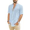 TARAINYA Camicia Lino Uomo Righe Maniche Corte Estiva Casual Camicia Hawaiana Uomo Spiaggia Regular Fit Blu Cielo XL