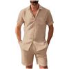 Generico Tute Uomo Estive 2 Pezzi Camicia da Spiaggia Primavera Estate Casual Lino Manica Corta Maglietta + Pantaloncini con Elastico in Vita Set Tute Completa Sportive peril tempo libero e Confortevole