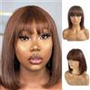 Rebasar Dritto Breve Bob con Bangs Parrucca Donna Corto con Frangia Straight Human Hair Wigs Capelli Veri Umani Reali Marrone Cioccolato 8 Pollici