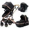 GLOKID Passeggino 3 in 1，Passeggino Canne，Trio，Con Seggiolino Accessori，Adattatori universali，Passeggino per bambini fino a 25 kg，4 ruote con ammortizzatori，navicella，grandi ruote (530 nero)