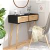 FIRBNUS Tavolo Consolle Nero 80x30x75cm Massello Pino e Rattan Naturale Cassettiera Camera da Letto Tavolo Legno Consolle Ingresso Legno Consolle Legno Mobile Camera da Letto