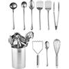 FD FAIRDEAL CASH & CARRY Set di 10 utensili da cucina in acciaio inox, per mestolo, spaghetti, cucchiai, frusta, schiacciapatate, pinze e portautensili
