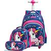HTgroce Zaino Scuola Bambino Trolley Unicorno, 3 set Zaino Trolley Zainetto Ragazza in Nylon Con Ruote Regolabile Pull Rod per Scuola Viaggio - Blu