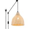 B·LED BARCELONA LED BarcelonaLED - Plafoniera sospesa in vimini di bambù con cavo presa a parete vintage puleggia in legno rattan, diametro 26 cm, attacco E27 per soggiorno, sala da pranzo, cucina