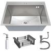 ANW HOME Lavello da cucina 60x45 cm con sifone, scolapiatti e dispenser di sapone da 350 ml, lavello da cucina in acciaio inossidabile 304 con 2 fori per rubinetto, lavello a montaggio a una vasca