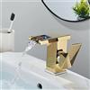 LAKKOA Rubinetto Bagno Cascata LED Monocomando Miscelatore Lavabo Bagno Stile Moderno Ottone Rubinetto Bagno Lavabo, Acqua Calda E Fredda Disponibile, Valvola In Ceramica, Oro