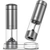 CIRCLE JOY Set Macinapepe Elettrico a Batteria, Macinaspezie in Acciaio Inossidabile con Base, Contenitore Lavabile Trasparente da 95ml, Luce LED Bianca e Grossolanità Regolabile, Argento