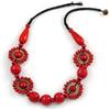 Avalaya Collana etnica in corda nera con perline in legno rosso - 60 cm L, Misura unica, Legno Cordoncini legno, nero, rosso.