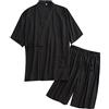 Beokeuioe Pantaloni da pigiama + kimono pigiama estivo da uomo, set corto per sauna, spa, in due pezzi, per la casa giapponese, per le vacanze, biancheria da notte, Nero , XL