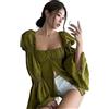 WSZJLN Primavera Autunno Elegante Camicia da Donna con Maniche a Sbuffo Increspato Camicetta a Maniche Lunghe con Colletto Quadrato da Donna Camicetta Sexy con Spacco sul Davanti-Verde,L