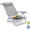 Relaxdays Sedia a Sdraio Pieghevole, Cuscino cervicale, apribottiglie, Regolabile in 8 Livelli, Fino a 120 kg, plastica, Acciaio, Grigio