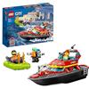 LEGO 60373 City Fire Barca di Soccorso Antincendio dei Vigili del Fuoco, Nave Giocattolo Galleggiante con Gommone di Salvataggio e Minifigure