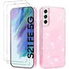 Vauki Cover Glitter per Samsung Galaxy S21 FE 5G Trasparente con 2 Vetro Temperato Custodia Brillantini Rigida PC Antiurto AntiGraffio Sottile Crystal Clear Donna Case per Samsung S21 FE 6.4, Rosa