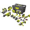 RYOBI - 8 strumenti 18V ONE+: trapano + seghetto alternativo + sega circolare + smerigliatrice + avvitatore a urti + Multitool + sega a sciabola + levigatrice + 2 batterie 5Ah + batteria 2Ah +