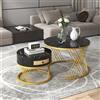 GL Store Set di 2 Tavolini da Salotto Rotondi con Piano in Effetto Marmo e Cassetti in Rattan Sintetico, Gambe in Ferro, 70x70x45,5 cm + 50x50x38,5 cm, Nero