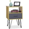 Relaxdays Comodino da letto rétro, con cassetto, effetto legno, gambe in metallo, vintage, 60x40x35 cm, marrone