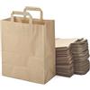 Miamex Set di 50 sacchetti marroni in carta kraft con manici piatti, 25 x 14 x 30 cm, borsa della spesa/confezione regalo per compleanno, Natale, matrimonio.