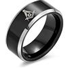 Bling Jewelry Anello in Titanio Nero Massonico con Squadra e Compasso Incisi al Laser per Uomo Comfort Fit 8MM