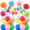 PIWOSGOL Decorazioni per Feste di Compleanno, Striscione Multicolor di Buon Compleanno con Pompon Carta, Turbinii Ghirlande e Palloncini Coriandoli per Decorazioni Feste Compleanno Addobbi Carnevale
