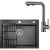 CECIPA Lavello Nero Antracite 60 x 45 cm + Rubinetto cucina con Doccetta Estraibile Grigio Nero, Lavello Cucina con Gocciolatoio e Sifone, Lavello Cucina 1 Vasca Quadrata, Lavello Incasso con 2 Fori