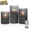 Rhytsing 3 Candele di Vetro a Led Grigio con Timer in Design a Righe Verticali, Telecomando e Batterie Incluse per Natale — H 10 cm / 12,5 cm / 15 cm