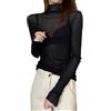 SamHeng Top da Donna in Maglia Trasparente Camicia a Maniche Lunghe Trasparente Dolcevita da Donna Camicetta Basic Slim Fit T-Shirt Party Clubwear (Nero/XL)