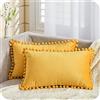 Topfinel Federe Cuscini in Velluto per Divano,Copricuscini Arredo Casa Moderni con Pom Poms,Fodere Cuscino in Tinta Unita Eleganti per Camera da Letto Salotto Sedia,2 Pezzi,30x50CM,Giallo