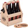Relaxdays Portabottiglie in Legno per 6 Bottiglie di Birra, Apribottiglie e Sottobicchieri, Cesto con Manico, Naturale