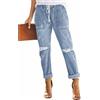 Alaster Queen Jeans Leggeri Pantaloni Casual Larghi da Donna Stretch Strappati Blu Cielo XXL