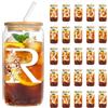 YiYa 550Ml Bicchiere Con Coperchio E Cannuccia Bicchieri con Coperchi in Bambù e Cannuccia in Vetro Tazza di Vetro Iniziale Regali Personalizzati Per Sorelle Maschili Femminili, Zie e Amici(R)
