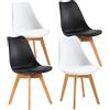 EGGREE - Set di 4 sedie da pranzo, stile scandinavo, con gambe in legno massello di faggio e imbottitura in pelle sintetica di poliuretano, colore: bianco e nero