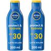 NIVEA SUN Latte Solare Protect & Hydrate FP 30 2 x 200 ml, Crema solare 30 che idrata per 48h, Protezione solare 30 resistente all'acqua con vitamina E antiossidante