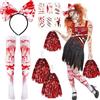 DPKOW Accessori per costume da cheerleader zombie di Halloween, per bambine e donne, pompon da cheerleader morti, fascia per capelli con cicatrice di sangue, tatuaggi temporanei per Halloween