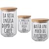 Generico Set Tris Contenitori per Sale Zucchero e Caffè con Frasi Confezione 3 Barattoli Trasparenti In Vetro Personalizzati Coperchio Legno 2 700ml 1 900ml Idea Regalo Arredo Decorazioni Casa Cucina