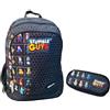 PRESTIGE & DELUXE Zaino Scuola Stumble Guys Nero Tondo 3 scomparti con badge Patch a destra - Tinta Unita Pool Over + Astuccio ovale + 7 Penne cancellabili e portachiave Stumble Guys