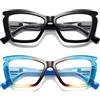 Viseng 2 Paia Occhiali da lettura occhi di gatto montatura grande occhiali anti luce blu alla Moda con cerniera a molla per Donna Uomo 2.0