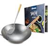 CLP Set wok in acciaio al carbonio I Base piatta o rotonda per gas, induzione e grill I Padella wok con manico in legno, ricettario e pala wok, Forma:rotondo