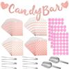 FIHODONE 112 accessori Candy Bar, contiene 100 sacchetti per caramelle e 6 pinze per zucchero, 2 paletta per ghiaccio e 3 fogli adesivi e 1 decorazione rosa, set di accessori per matrimoni,