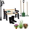 DONGZQAN 7 Pezzi Set da Giardinaggio in Miniatura Casa Delle Bambole, 3 Attrezzi da Giardinaggio, 1 Lampione Stradale, 1 Panchina e un Paio di Mini Stivali da Pioggia, Adatto per Decorare Mini Giardino
