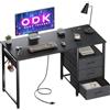 ODK Scrivania con 3 Cassetti, 120x48x75,5 cm Scrivania per Ufficio con 2 Prese di Corrente e Prese USB, Scrivanie PC Reversibili Scrittoio Scrivanie per Computer Domestico, bureau, Nero